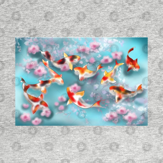 Sakura and koi carp in aqua pond by cuisinecat